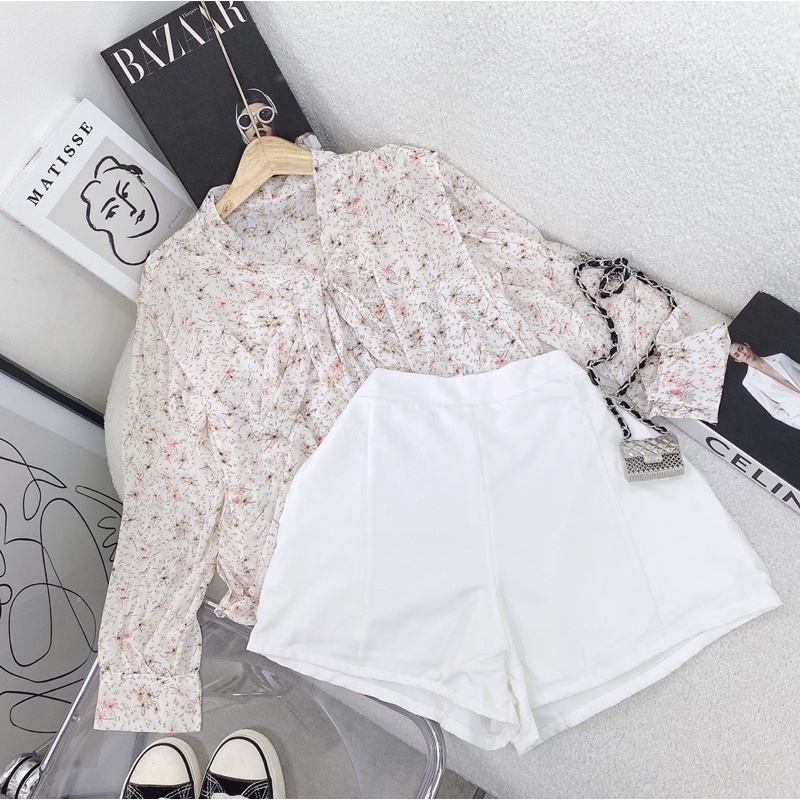 SET ÁO HOA THẮT NƠ + SHORT TRẮNG