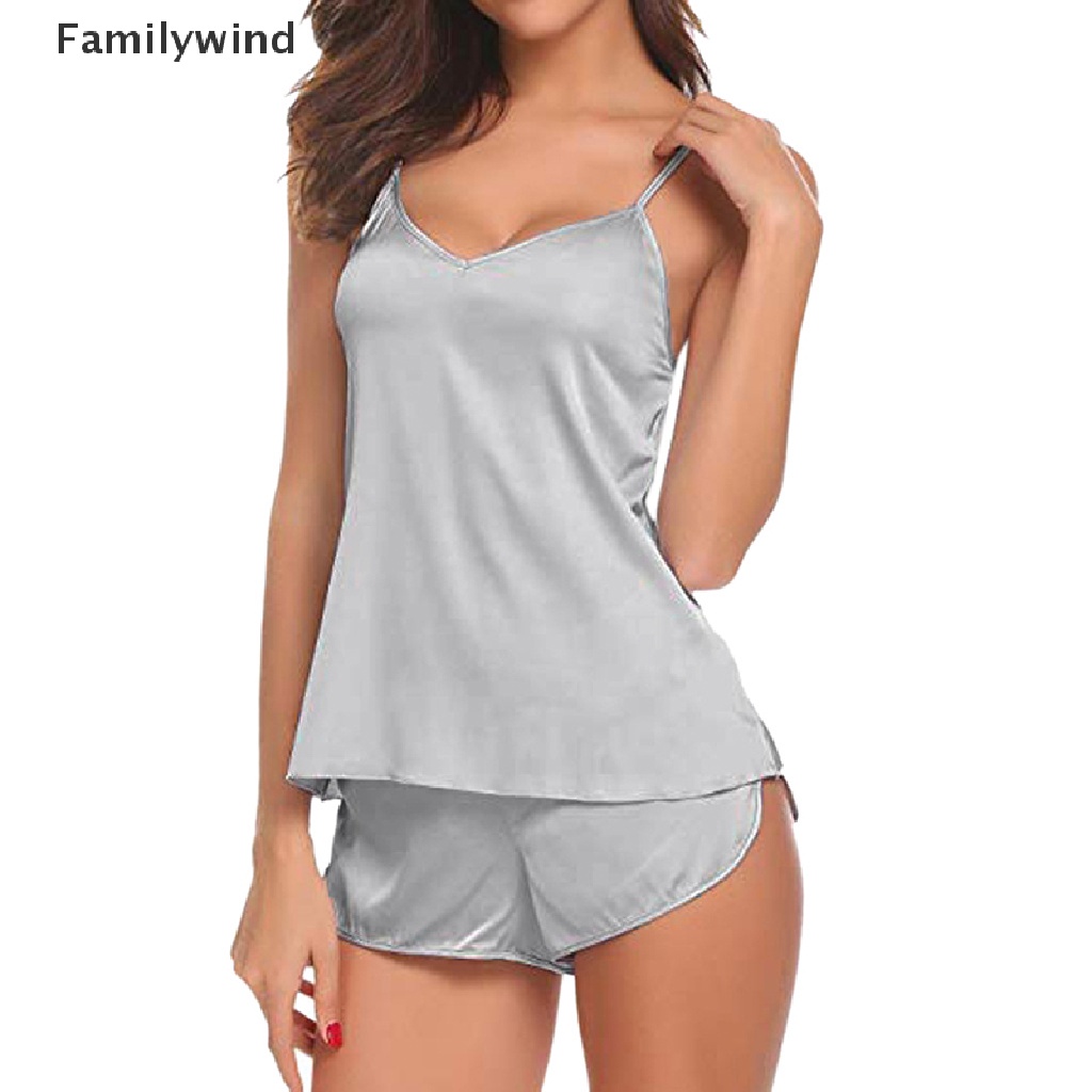 Bộ đồ ngủ áo hai dây cổ chữ v phối quần short vải lụa thời trang quyến rũ cho nữ