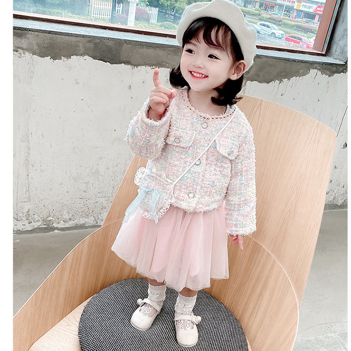 Váy thu đông bé gái kèm áo khoác dạ xinh xắn và tặng túi đeo siêu cute size 10-18kg [SV12]