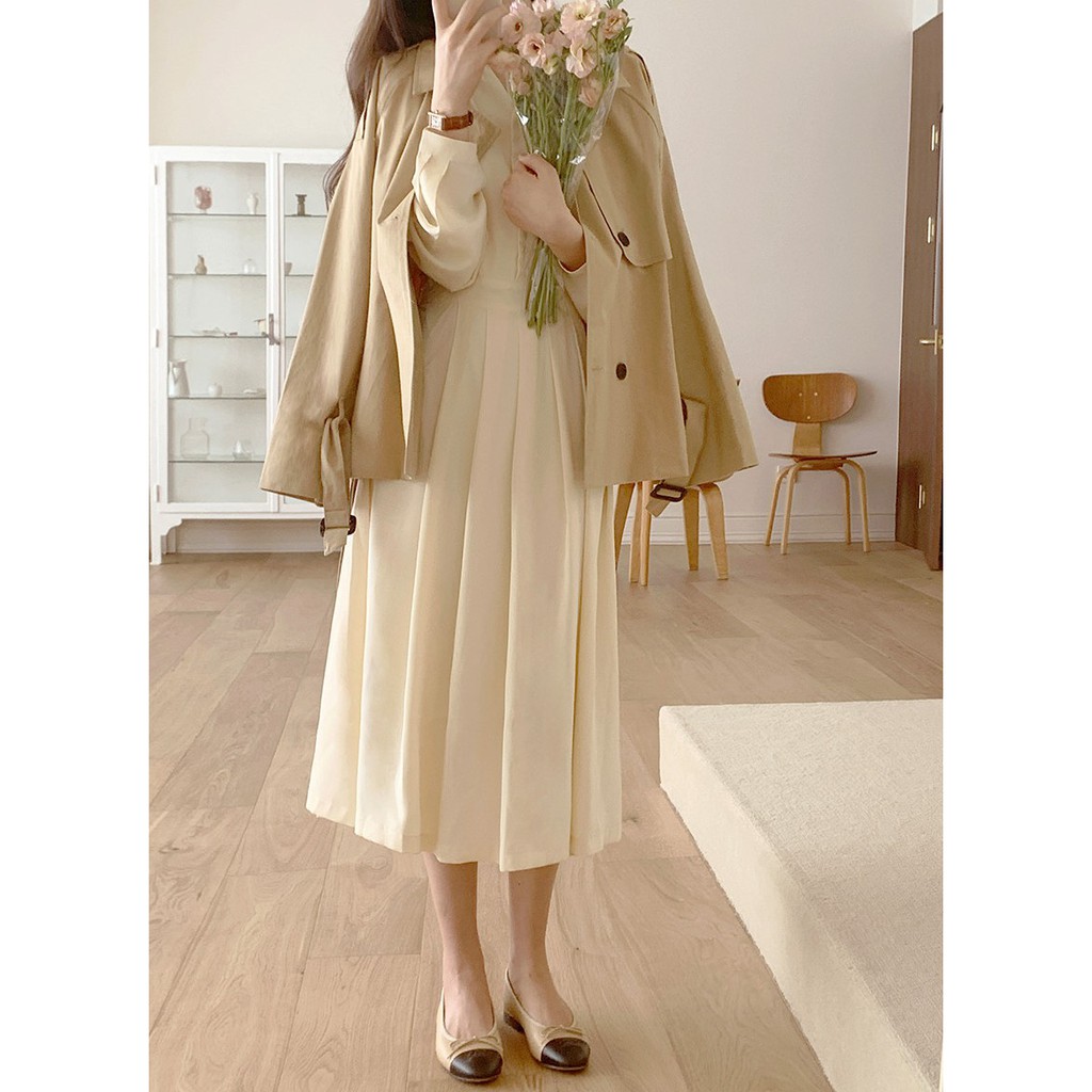 Đầm Nữ Tay Dài Cổ Chữ V Màu Trơn Phong Cách Hàn Quốc 42298