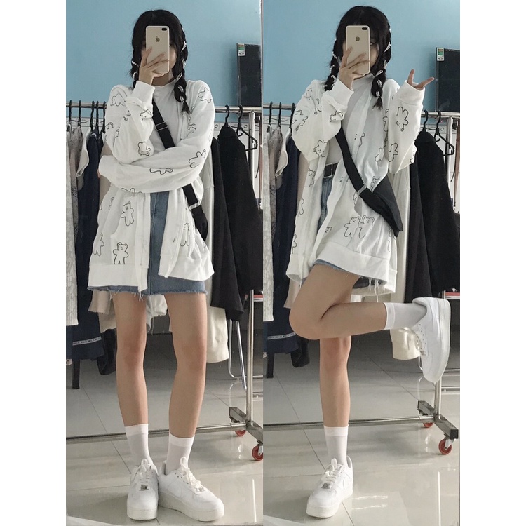 [Có Video+Ảnh Thật] Áo Khoác Nỉ Nữ Trắng Họa Tiết Hình Gấu, Áo Khoác Nỉ Form Rộng Mềm Mịn Anne Boutique Mã 426