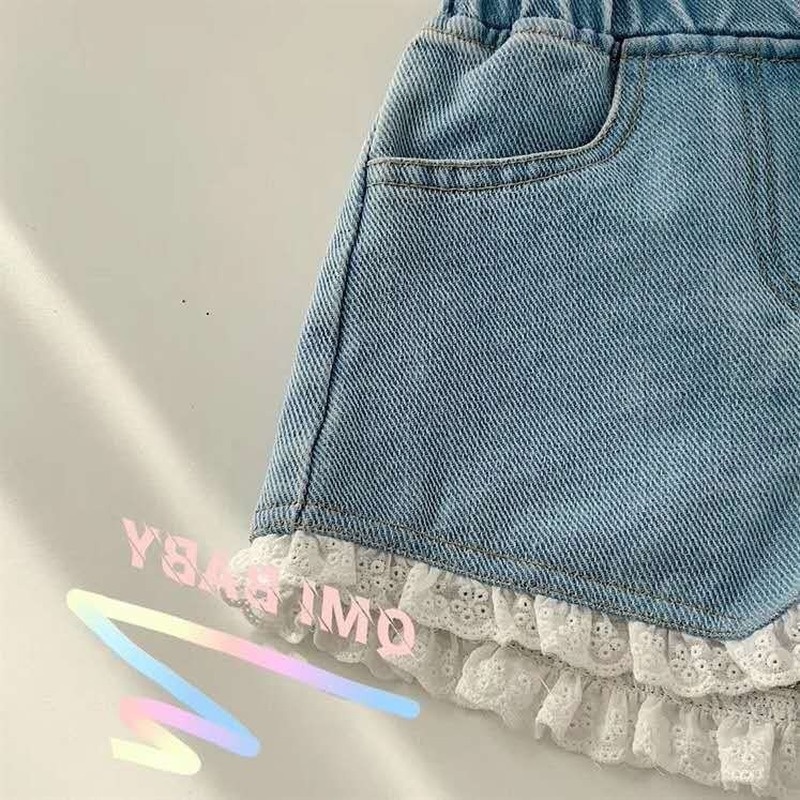 Quần Short Denim Lưng Cao Dáng Rộng Viền Ren Thời Trang Mùa Hè Hàn Quốc Mới Cho Bé Gái