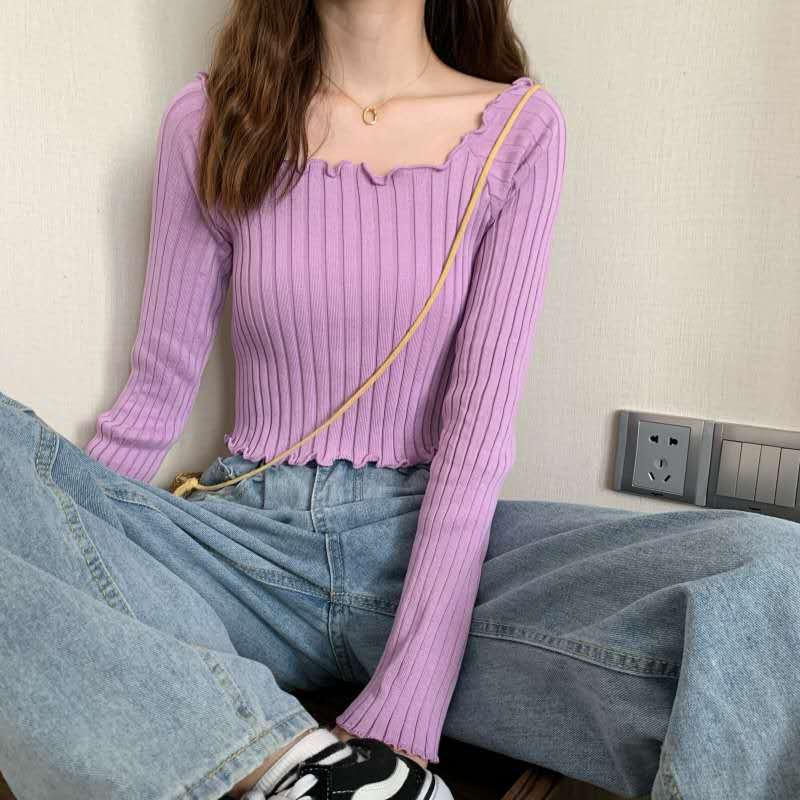 Áo Thun Dệt Kim Mỏng Tay Dài Một Bên Vai Màu Trơn Phong Cách Hàn Quốc Thời Trang Thu Hè Mới Dành Cho Bạn Nữ