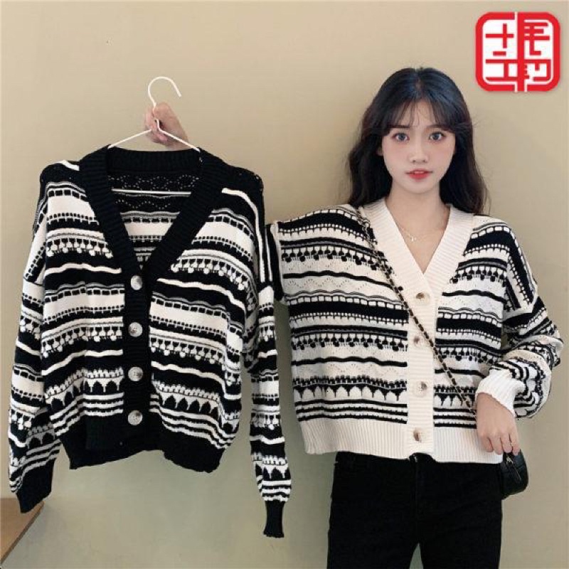 Áo khoác Cardigan dệt kim tay dài cổ chữ V dáng rộng họa tiết kẻ sọc phong cách retro hàng mới dành cho bạn nữ