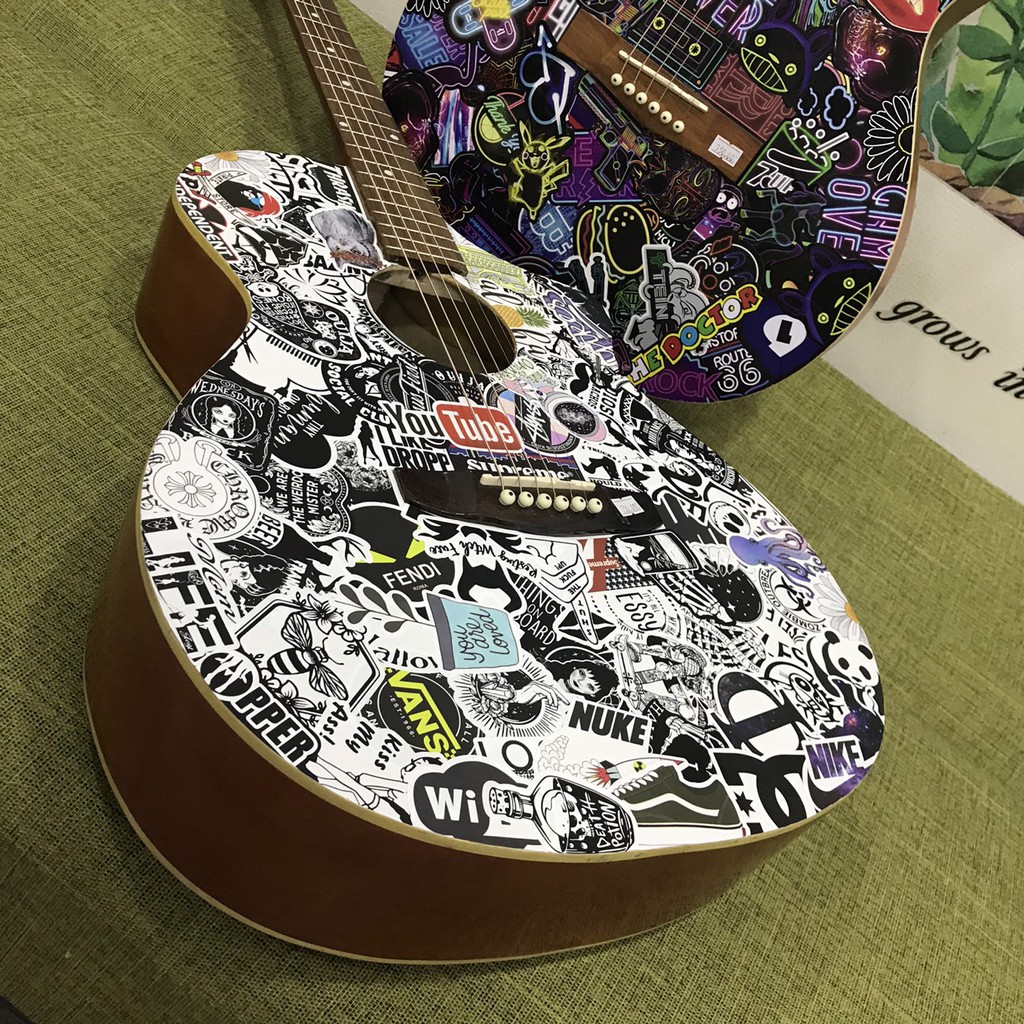 Đàn guitar acoustic trang trí sticker - Đặt mẫu theo sở thích - Tặng 6 phụ kiện kèm theo - Bảo hành 1 năm