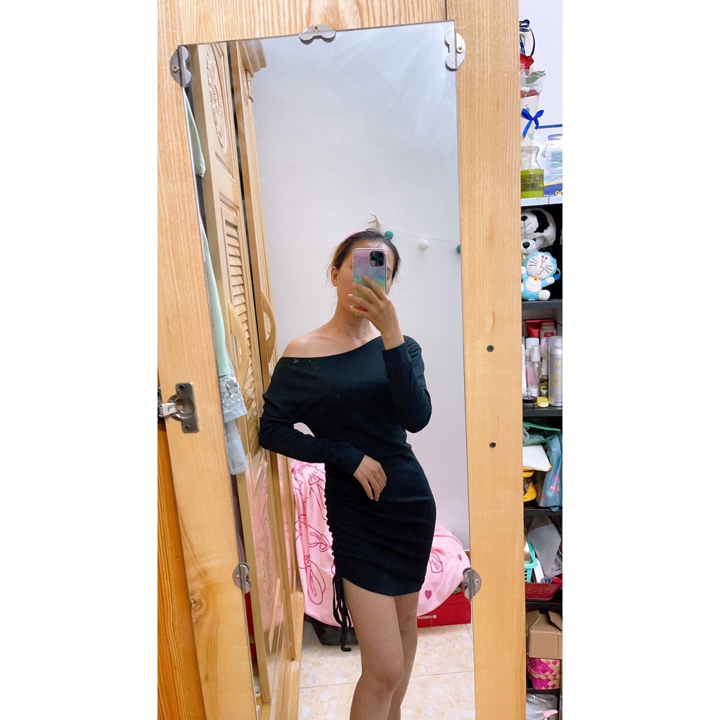 TSO Váy ôm body nữ dài tay lệch vai rút dây 1 bên chất thun đẹp đen cách điệu