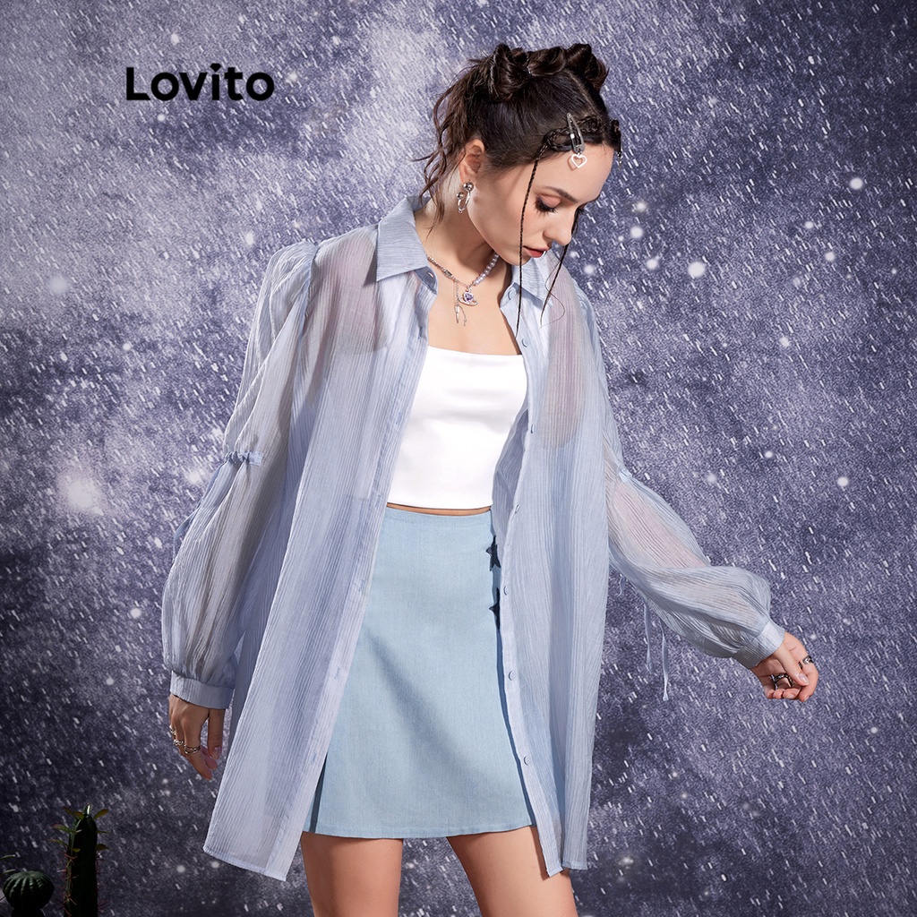 Lovito STAR GIRL Nút rút trơn thông thường Áo Blouse nữ L32AE045 (Xanh nhạt)