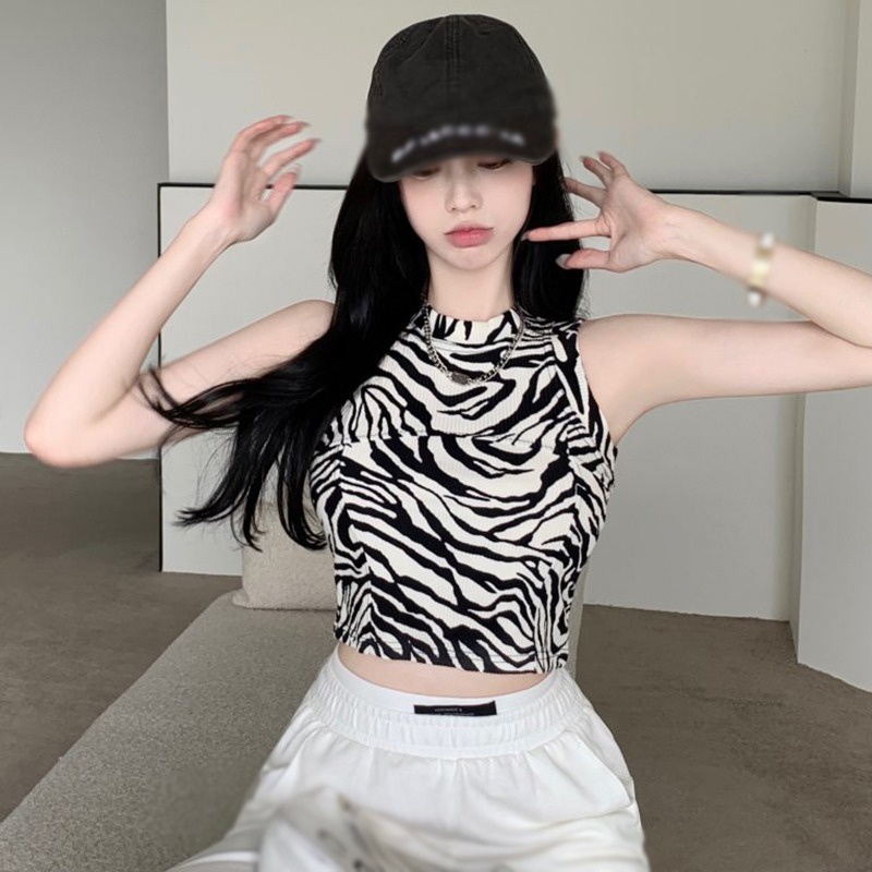 Áo croptop không tay cổ tròn họa tiết sọc caro / ngựa vằn thời trang quyến rũ