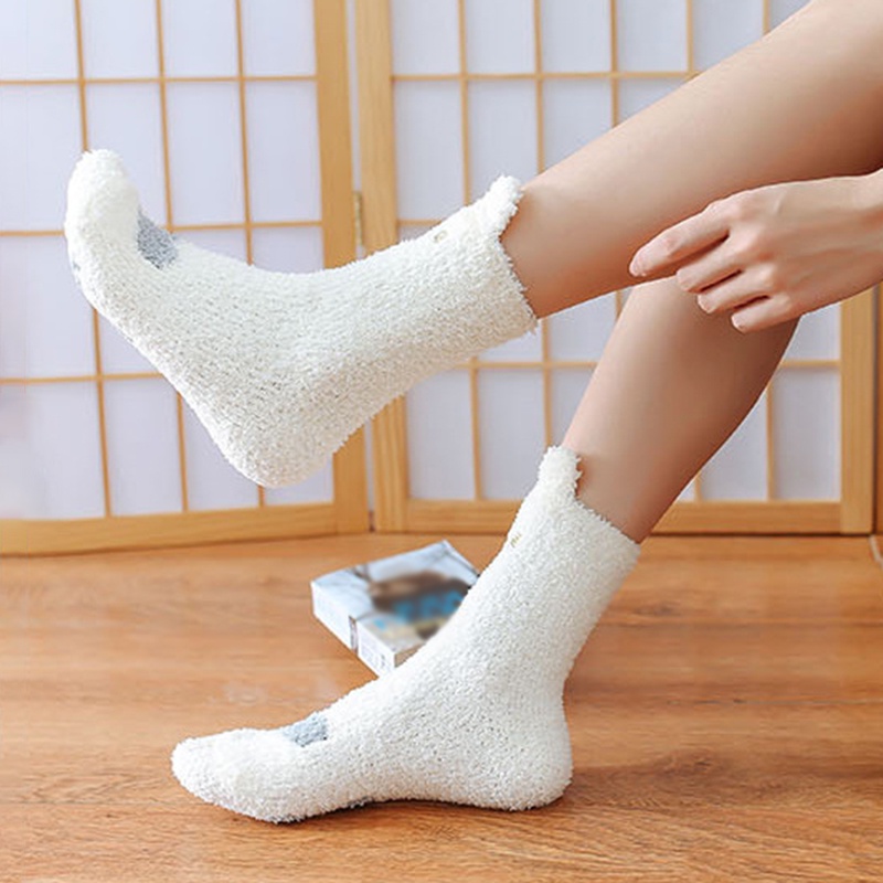 Vớ ngủ lông cừu san hô mềm mại giữ ấm họa tiết mèo dễ thương cho nữ