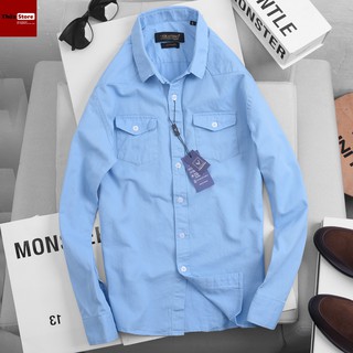Style áo sơ mi denim xanh hòa bình khoác ngoài nam