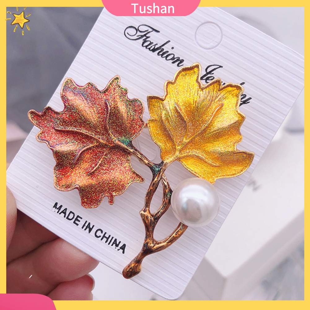 Ghim cài áo hình lá phong đính hạt ngọc trai nhân tạo thời trang dành cho nữ