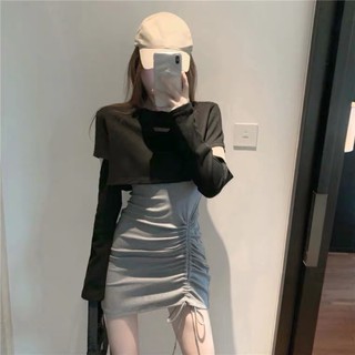 [hàng sẵn] sét áo croptop dài tay cắt khuỷu + váy ôm dây rút
