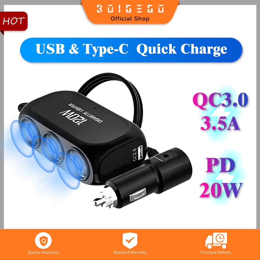 Củ Sạc Nhanh BOIGEGO 3 Ổ Cắm 120W Hỗ Trợ USB Type C QC3.0 3.5A PD20W Cho Xe Hơi