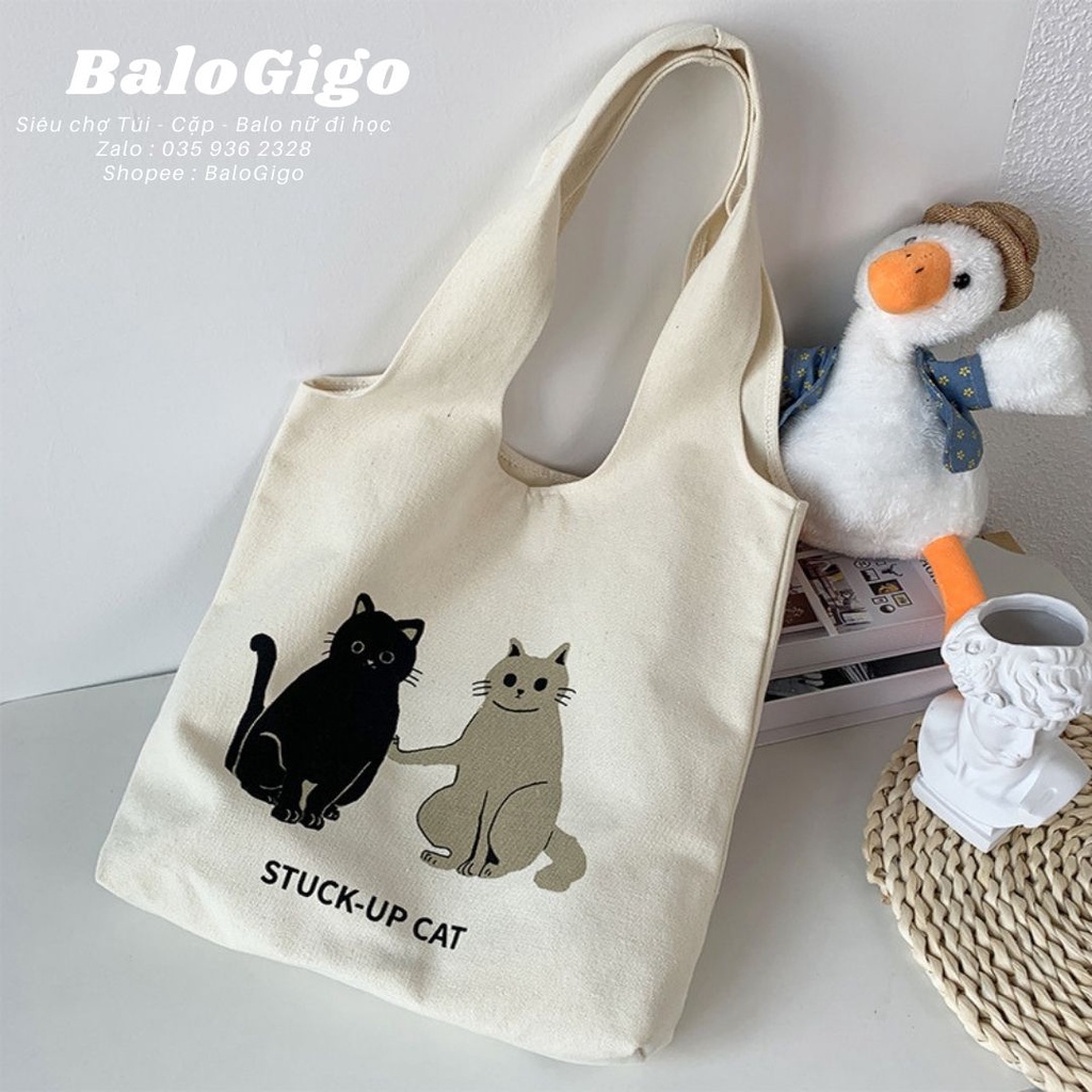 Túi Tote vải canvas 2 con mèo TT78 - BaloGigo