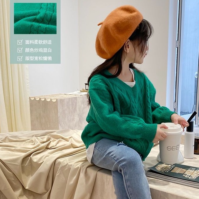 Áo Len Màu Xanh Lá Cây Phong Cách Phương Tây Cho Bé Gái Hàn QuốcVÁo Dệt Kim Dài Tay Cổ Sành Điệu