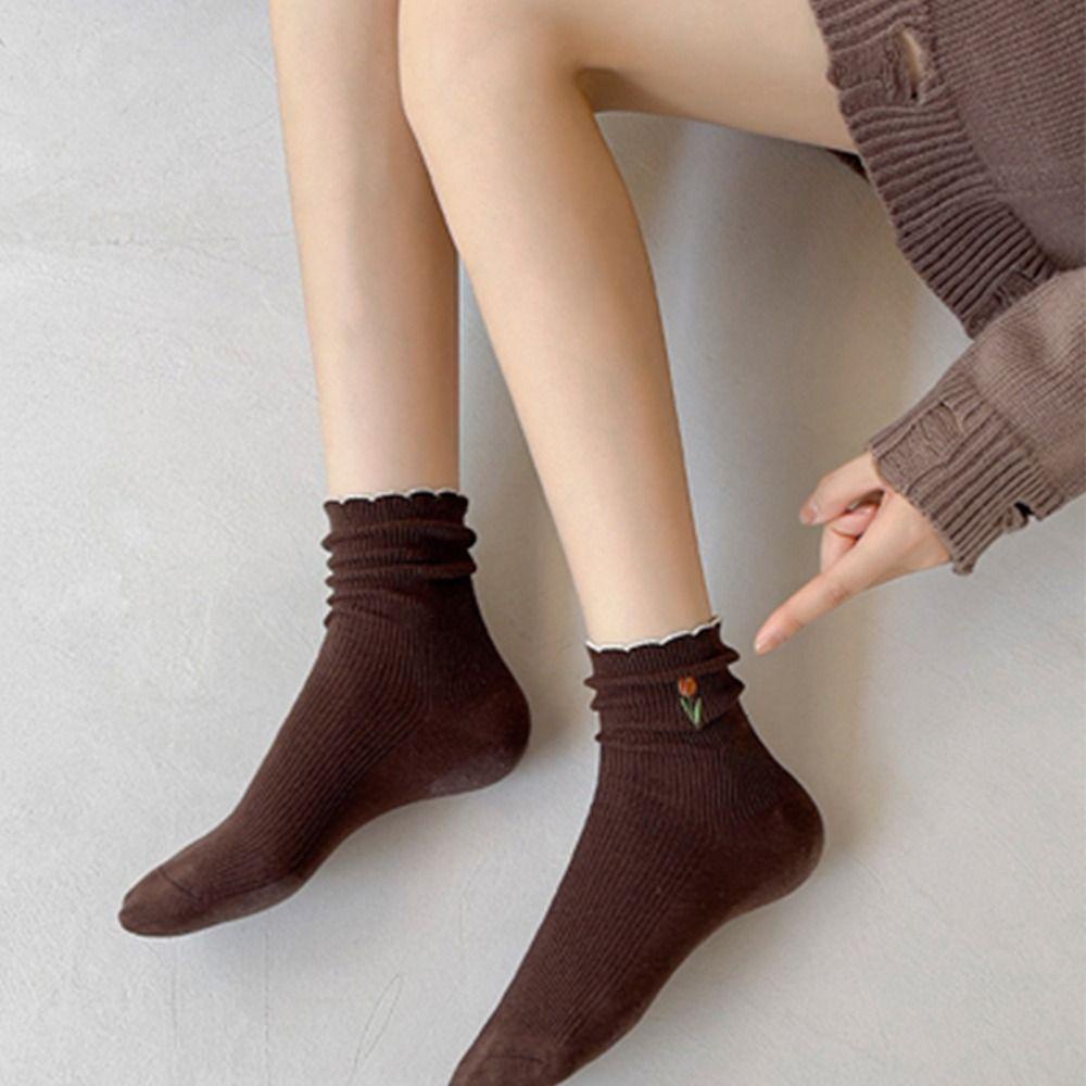Vớ Ngắn Thêu Họa Tiết Màu Trơn Dễ Thương Phong Cách Harajuku Thời Trang Mùa Thu Cho Nữ
