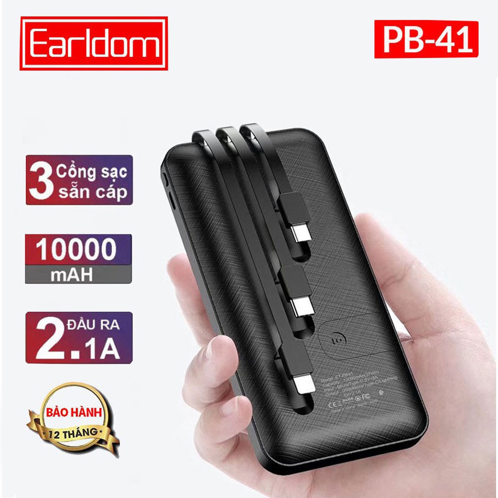 Pin Sạc dự phòng 10.000mAh Earldom PB-41 kèm giá đỡ điện thoại, gắn cáp 3 đầu tiện lợi, hỗ trợ sạc nhanh 2.1A