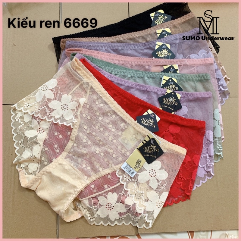 Quần lót ren cạp cao ôm bụng dưới, chất su phối ren và viền ren thoáng mát, nhẹ nhàng. Phom 50-65kg. SUMO 6670; 6679.