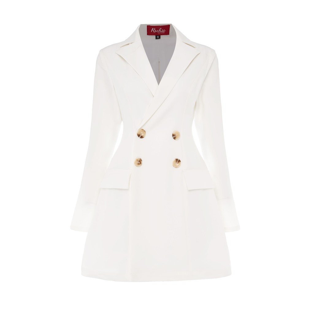 RECHIC Đầm dáng Vest Hazel màu trắng tay dài chiết eo có đính nút thanh lịch công sở