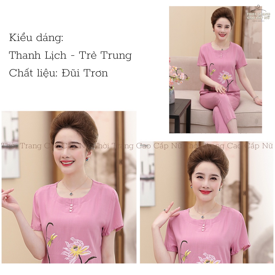 Đồ Bộ Trung Niên Nữ Mặc Nhà Chất Đũi Cao Cấp Thoáng Mát Không Nhăn, Áo Thêu Hoa Mẫu Bigsize TN15 MT.Shop