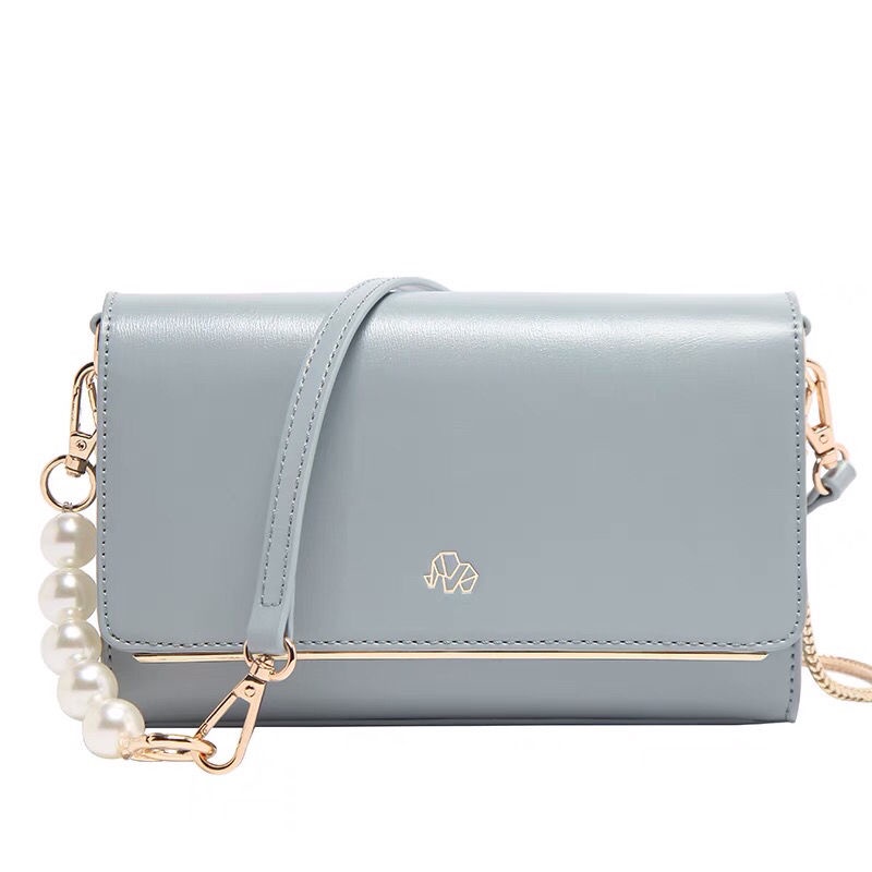 Túi xách đeo vai màu trơn dây đeo phối ngọc trai và dây xích thời trang thanh lịch
