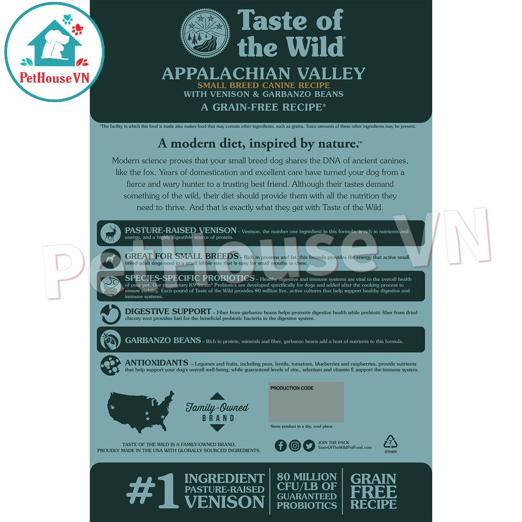 TASTE OF THE WILD APPALACHIAN VALLEY - Túi 500G Thức Ăn Hạt Cho Chó Cỡ Nhỏ Vị Thịt Nai & Đậu Garbanzo Hàng Chính Hãng