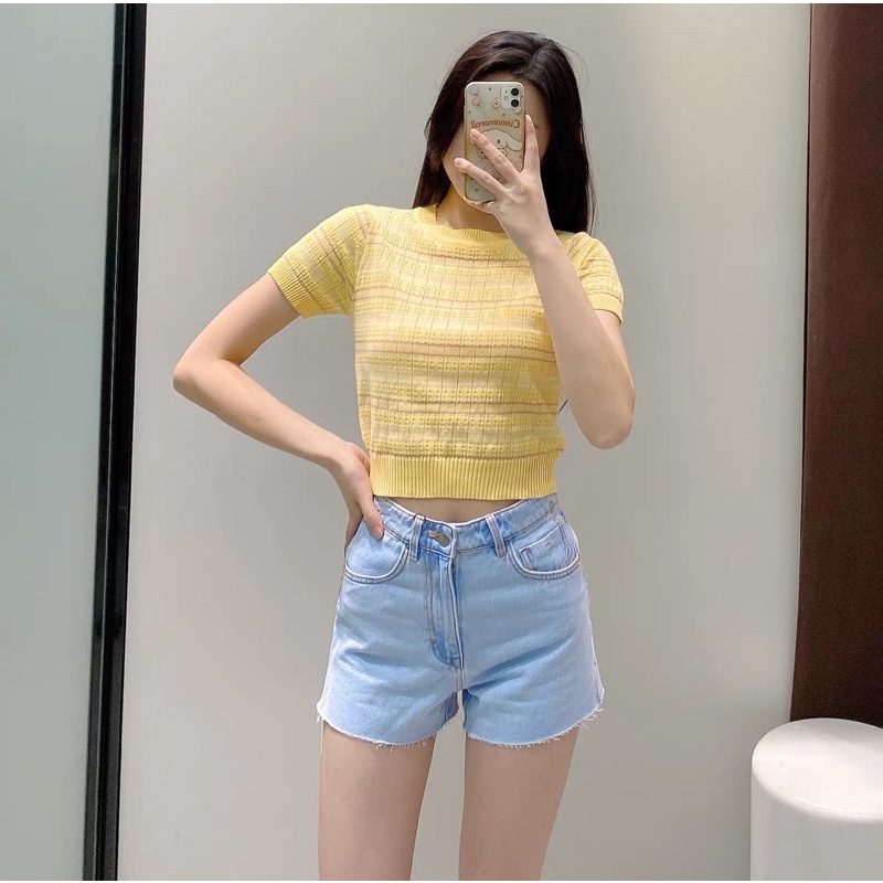 Áo thun croptop nữ dệt kim kẻ ngang cổ tròn tay ngắn phối màu trẻ trung năng động