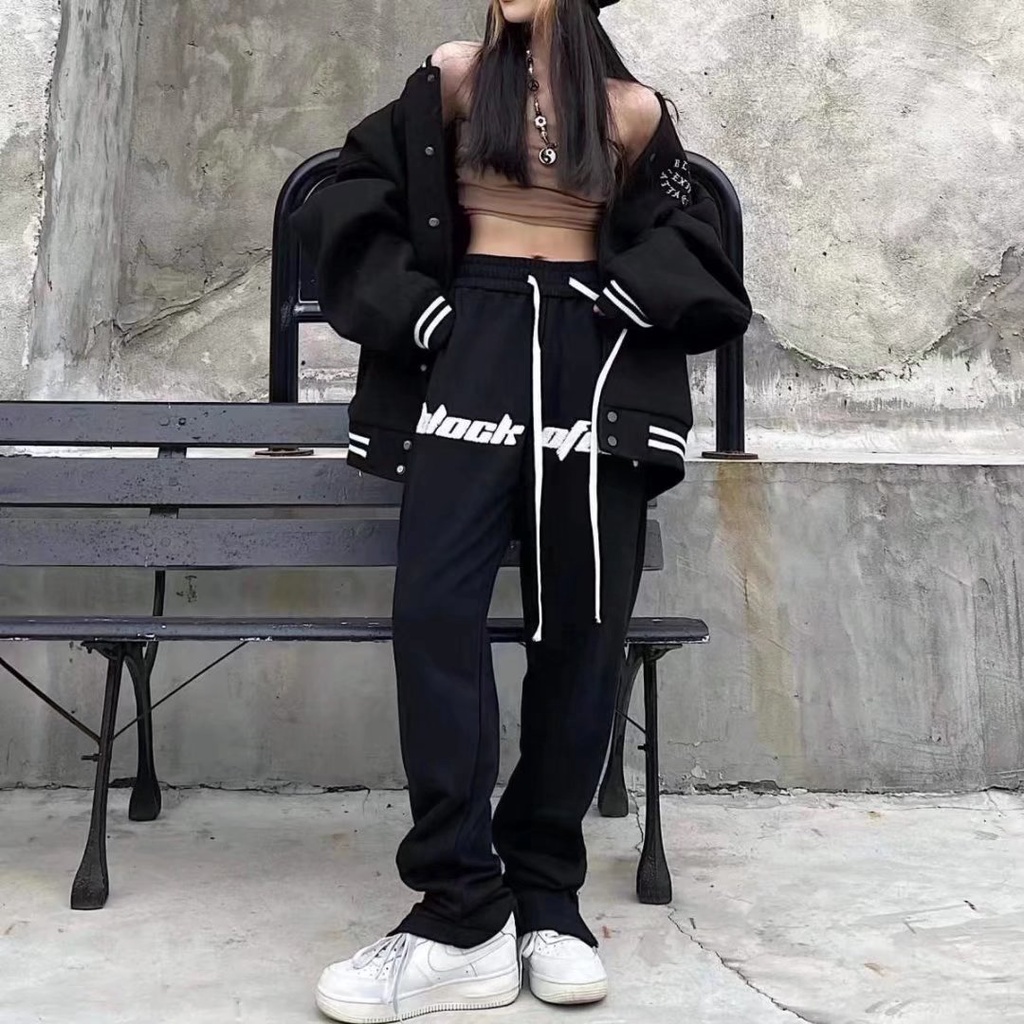 Quần Thể Thao Ống Rộng Xẻ Tà Thêu Họa Tiết Phong Cách Hip Hop Đường Phố Mỹ Thời Trang Xuân Thu Cho Nam