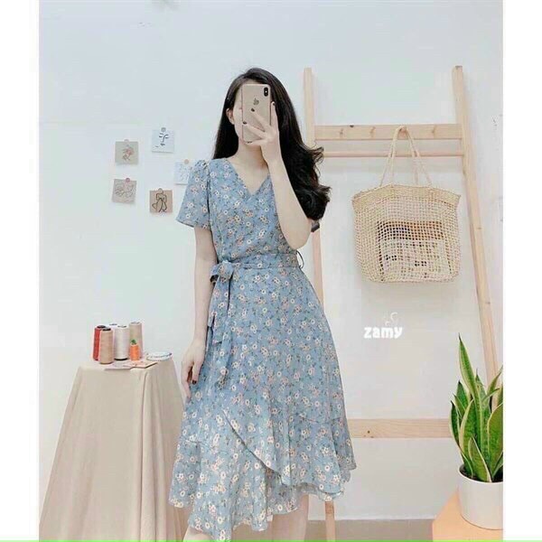 (Sale FreeShip) Đầm hoa nhí chéo tà có dây thắt eo,tone xanh tôn da dễ phối đồ,phong cách nhẹ nhàng nữ tính,lên from xin