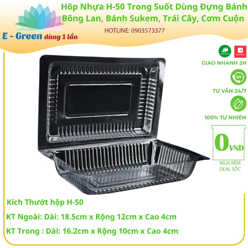 Lốc 50-100 Hộp Nhựa H-50 Trong Suốt Đựng Bánh Bông Lan, Bánh Sukem,Trái Cây, Kích Thướt 18.5cm x 12cm x 4cm