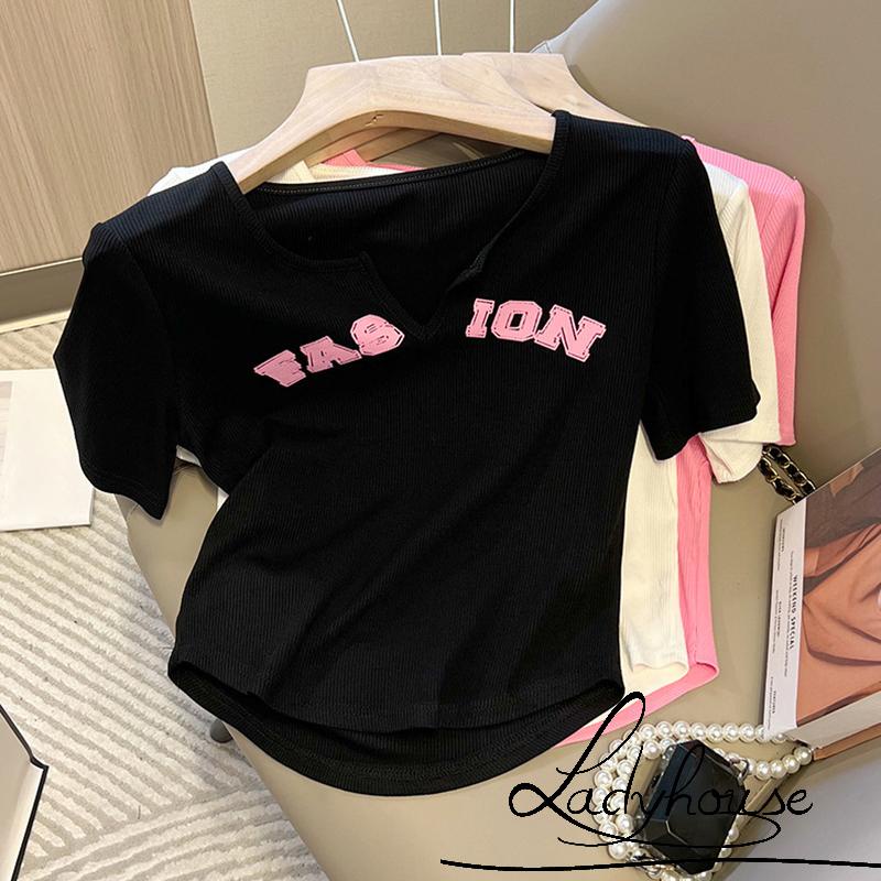 Áo Thun Ngắn Tay Cổ Chữ V In Chữ Đơn Giản Cho Nữ