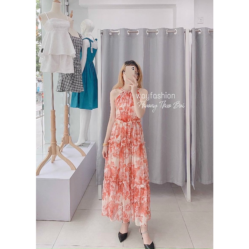 VÁY HOA VOAN MAXI CỔ YẾM 3 TẦNG