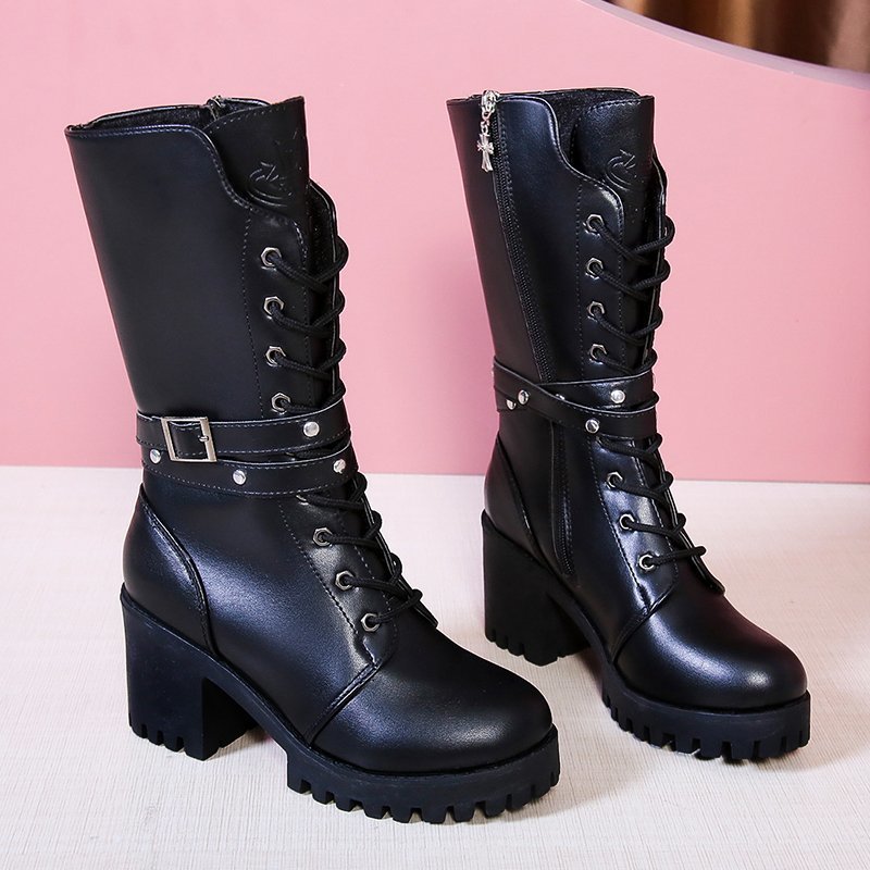 Giày bốt cao gót thời trang nữ đi xe máy màu đen ngầu có dây kéo tiện dụng