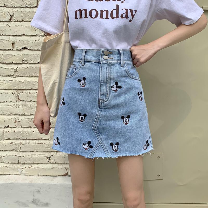 Chân Váy Vải Jean Thêu Hình Chuột Mickey Phong Cách Hàn Quốc Dễ Thương Cho Nữ