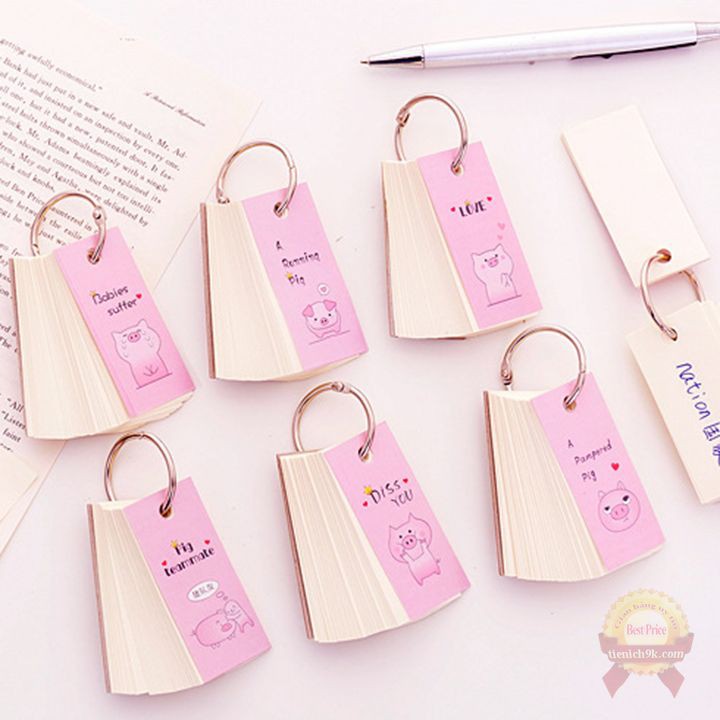 Flashcard 100 tờ học ngoại ngữ heo hồng kèm khoen | Thẻ học tiếng Anh Nhật Thái Hàn