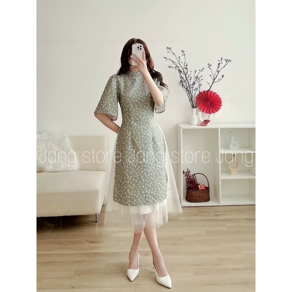 Set áo dài cách tân hoa nhí tay chuông June.Clothing Áo dài Tết kèm chân váy hoặc quần siêu xinh