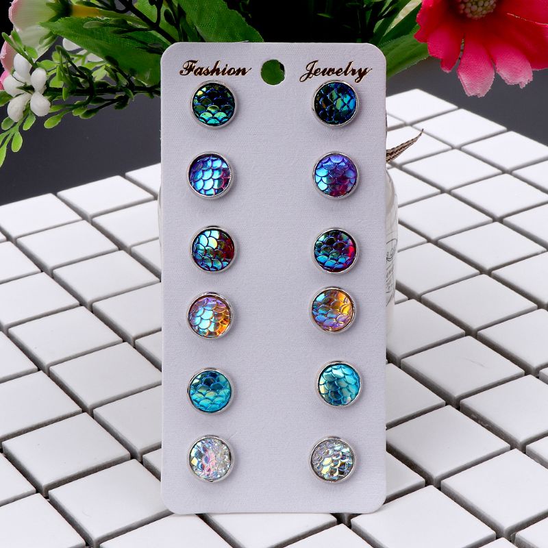 Exhila Set 6 Cặp Bông Tai Đinh Tán Tròn Họa Tiết Vảy Cá Sang Trọng Làm Đẹp Cho Tiệc Hóa Trang Đường Phố