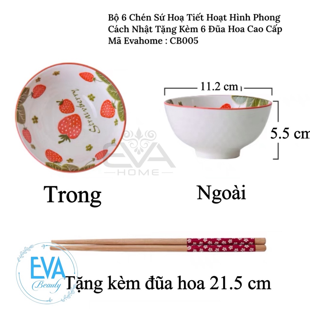 Bộ 6 Chén Sứ Hoạ Tiết Hoạt Hình Phong Cách Nhật Tặng Kèm 6 Đũa Hoa Cao Cấp