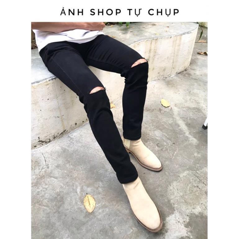 [Tiền Nào Của Đấy]Quần Jeans Nam Rách Gối Màu Đen Vải Co Giãn, Không Phai Màu Dáng Skinny Phong Cách Hàn Quốc -J02 | BigBuy360 - bigbuy360.vn