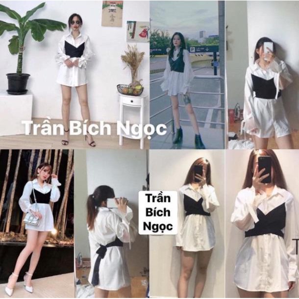 ÁO GIẤU QUẦN DOUBLE SHIRT DÁNG DÀI - ÁO SƠMI LIỀN TAY ĐẮP CHÉO CỘT NƠ ĐEN PHÍA SAU -ĐẦM ulzzang  ྇