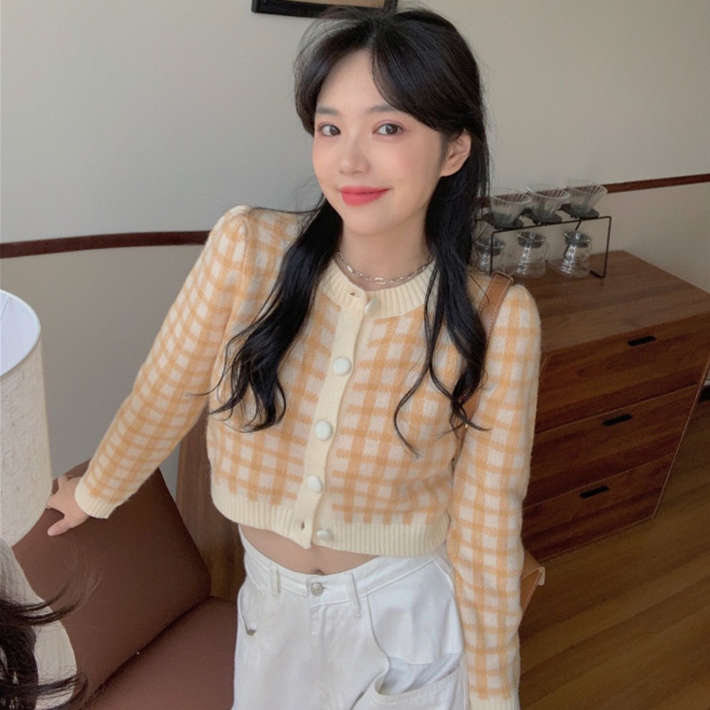 Áo Cardigan Dệt Kim Tay Dài Cổ Tròn Họa Tiết Sọc Caro Phong Cách Hàn Quốc Xinh Xắn