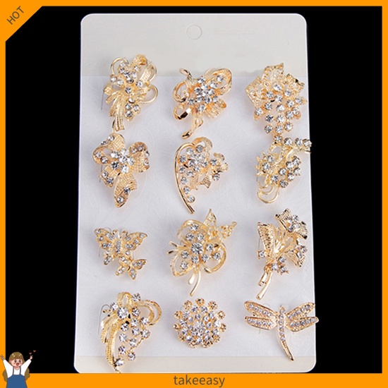 [Hàng Có Sẵn] Bộ 12 Trâm Cài Áo Hình Hoa Và Bướm Đính Kim Cương Giả