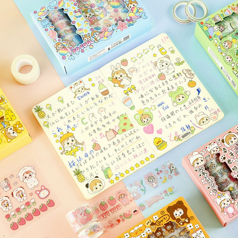 Set 6 cuộn washi tape kèm 6 tấm sticker