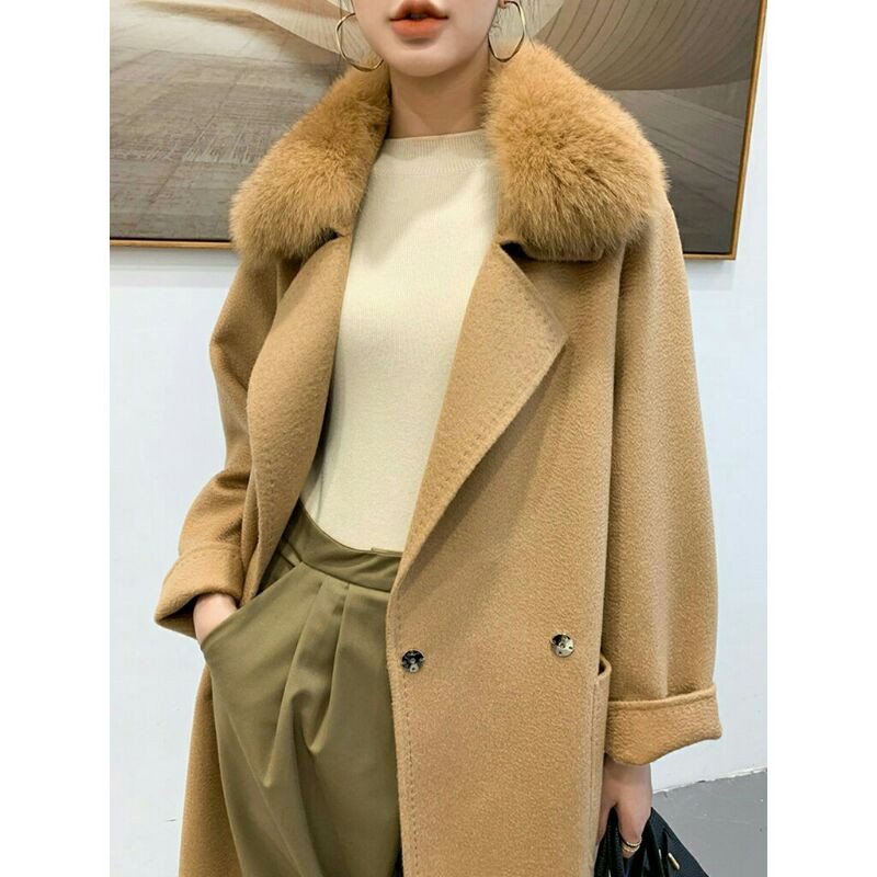 Áo khoác dạ cashmere lông cừa cổ lông dáng dài