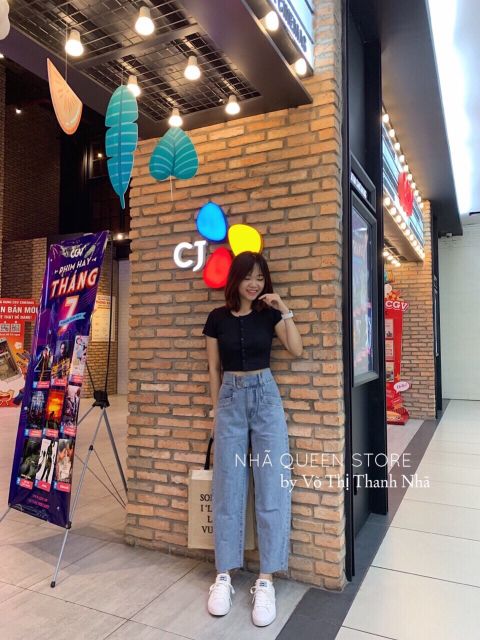 Quần baggy jeans cạp cao hai nút đôi túi mổ kèm ảnh thật | BigBuy360 - bigbuy360.vn