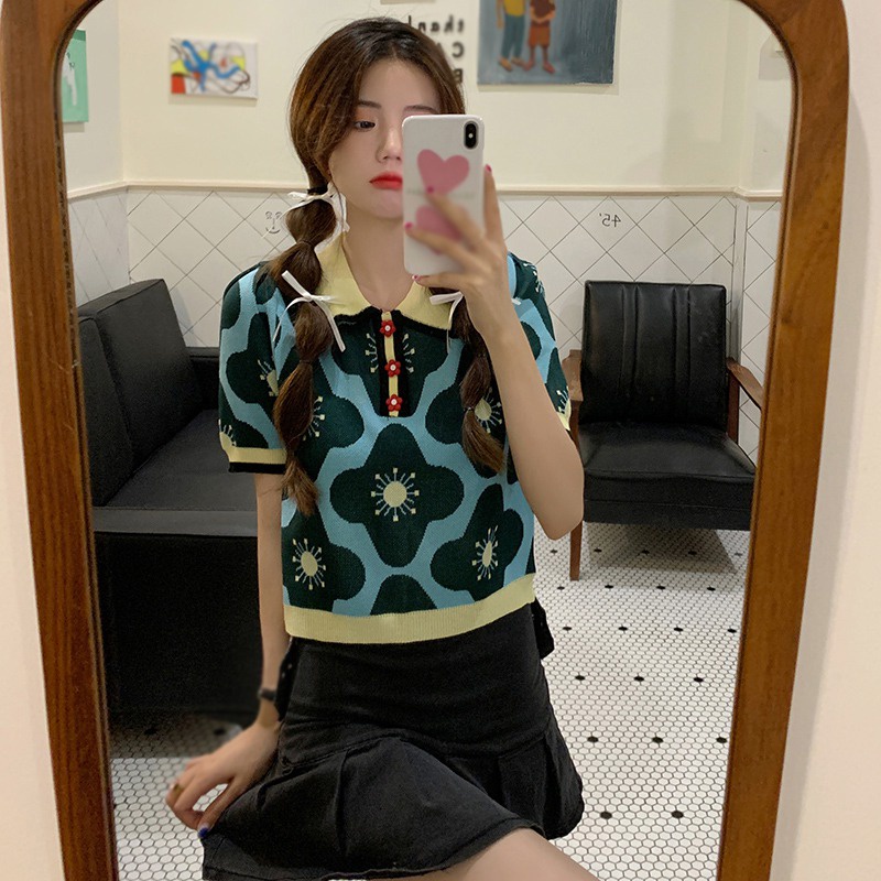 Áo Croptop Dệt Kim Tay Phồng Phong Cách Retro Thời Trang Mùa Hè Hàn Quốc Cho Nữ