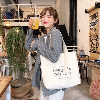 TÚI TOTE VẢI CANVAS STYLE HÀN QUỐC TONE TRẮNG NGÀY TÚI VINTAGE YOUTH IS NOT LOST