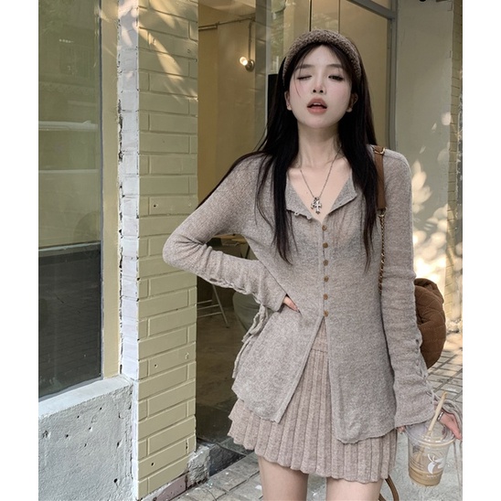 QKOOLE  Áo Khoác cardigan Dệt Kim Tay Dài Cổ Chữ V Phong Cách Hàn Quốc Cho Nữ áo khoác