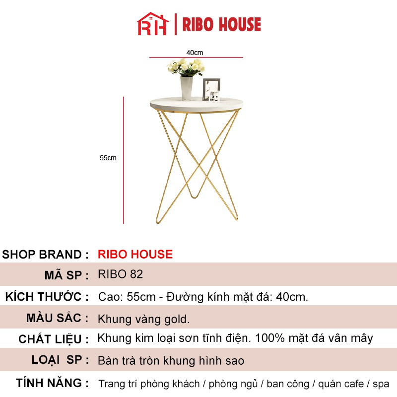 Bàn trà sofa mặt đá tròn vân mây RIBO HOUSE khung kim loại sơn tĩnh điện hình sao trang trí phòng khách phòng ngủ RIBO82