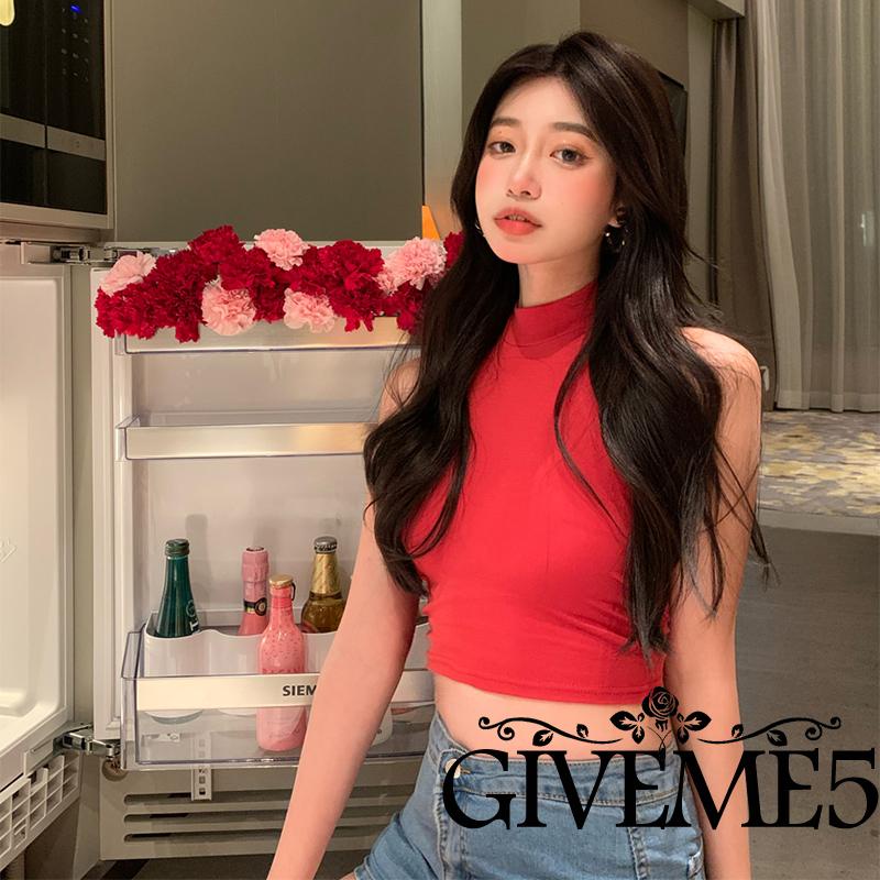 Áo Croptop Sát Nách Hở Lưng Thắt Nơ Màu Đỏ Trơn Quyến Rũ Cho Nữ